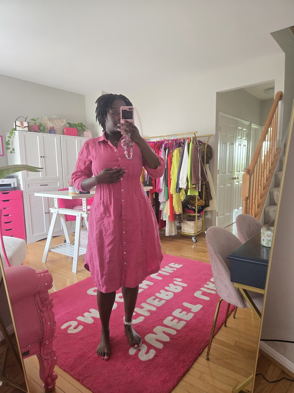 Pink Linen Button-Front Midi Dress - Picture 4 of 6